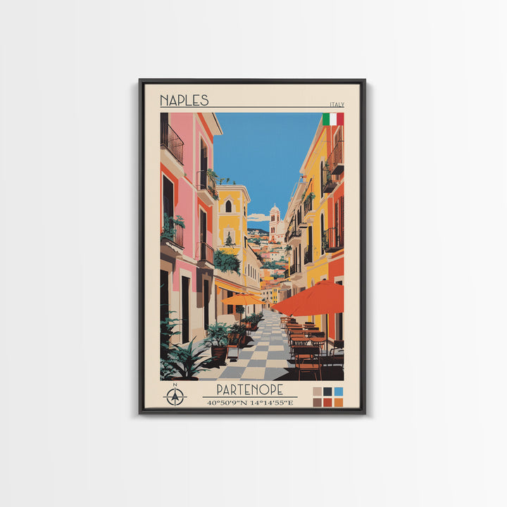Naples Italy Travel Poster Framed Canvas Print, Midcentury Modern Art, Pop Art Wall Decor, Scenic Wall Art, Living Room Decoration, Office Art