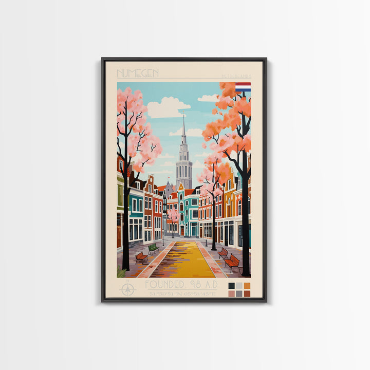 Nijmegen Netherlands Travel Poster Framed Canvas Print, Midcentury Modern Art, Pop Art Wall Decor, Scenic Living Room Art, Bedroom Gift