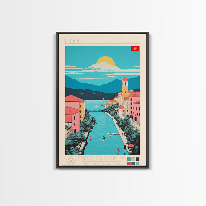 Nikšić Montenegro Travel Poster Framed Canvas Print, Midcentury Modern Art, Pop Art Wall Decor, Home Decor, Vacation Gift, Bedroom Art