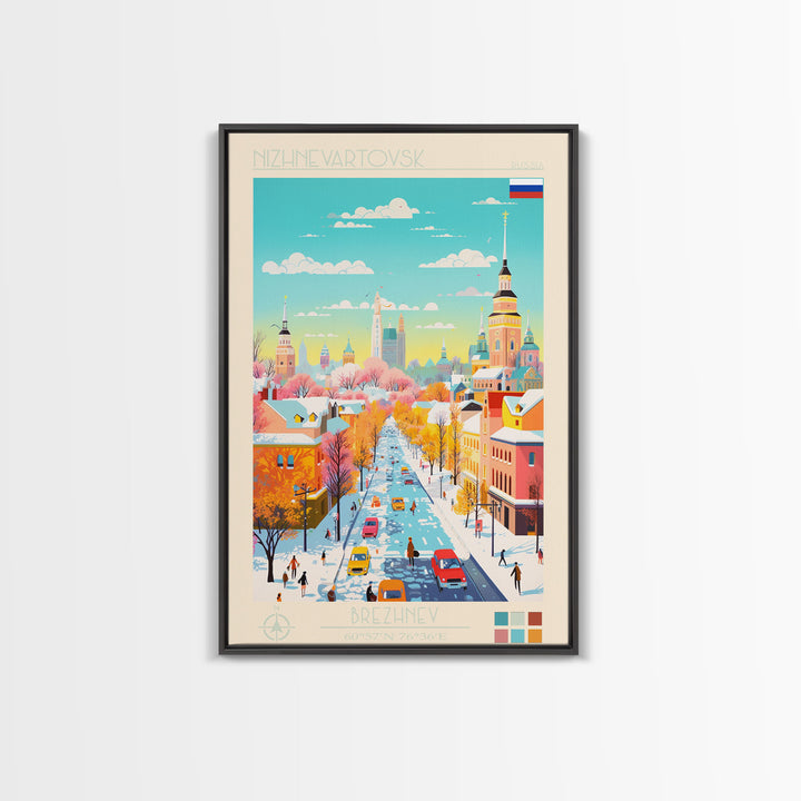 Nizhnevartovsk Russia Travel Poster Framed Canvas Print, Midcentury Modern Art, Pop Art Wall Decor, Scenic Wall Art, Living Room Decoration, Office Art