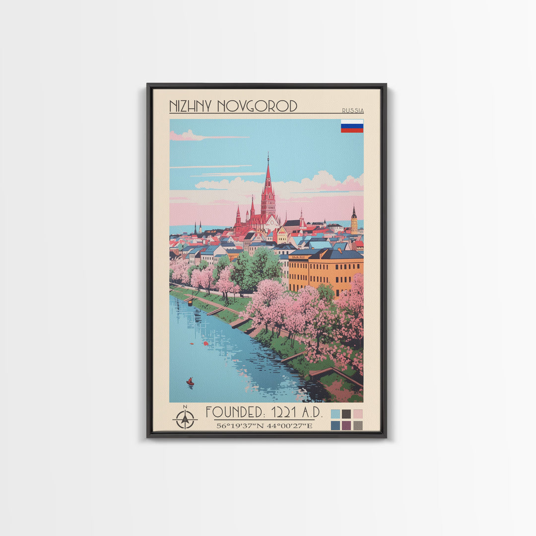 Nizhny Novgorod Russia Travel Poster Framed Canvas Print, Midcentury Modern Art, Pop Art Wall Decor, Scenic Bedroom Art, Office Decoration
