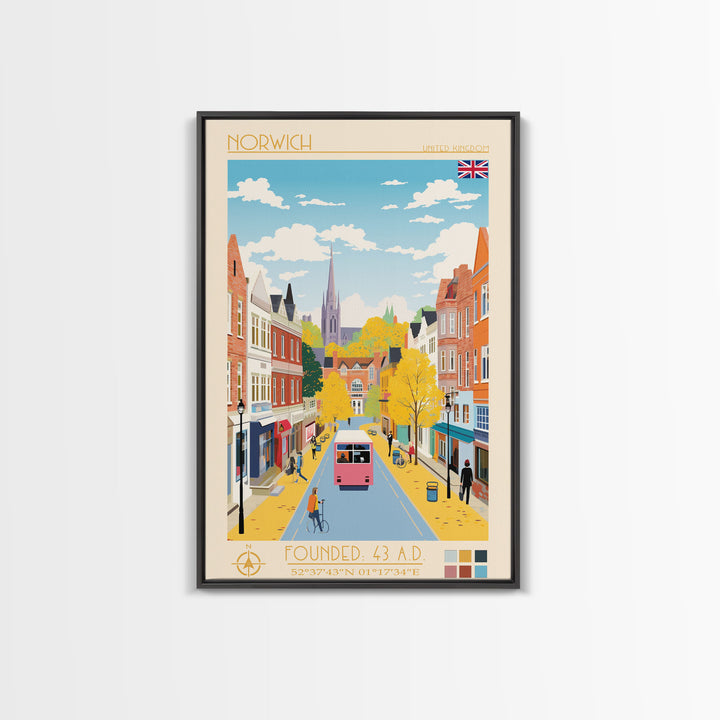 Norwich United Kingdom Travel Poster Framed Canvas Print, Midcentury Modern Art, Pop Art Wall Decor, Scenic Wall Art, Living Room Decoration, Office Art