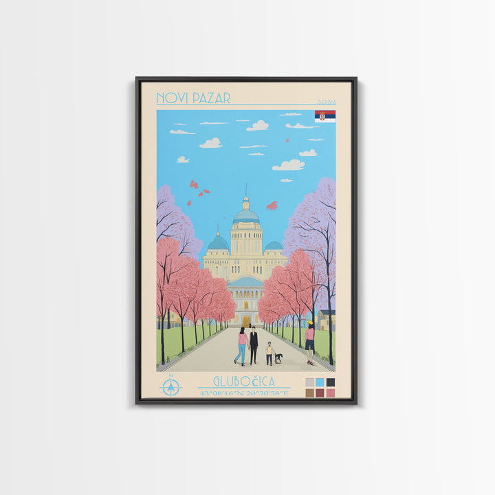 Novi Pazar Serbia Travel Poster Framed Canvas Print, Midcentury Modern Art, Pop Art Wall Decor, Scenic Wall Art, Living Room Decoration, Office Gift