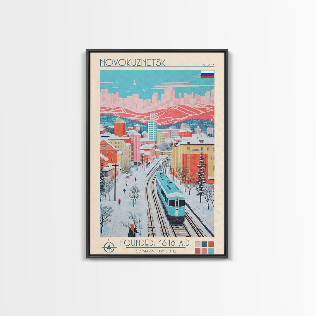 Novokuznetsk Russia Travel Poster Framed Canvas Print, Midcentury Modern Art, Pop Art Wall Decor, Scenic Wall Art, Living Room Decoration, Office Art