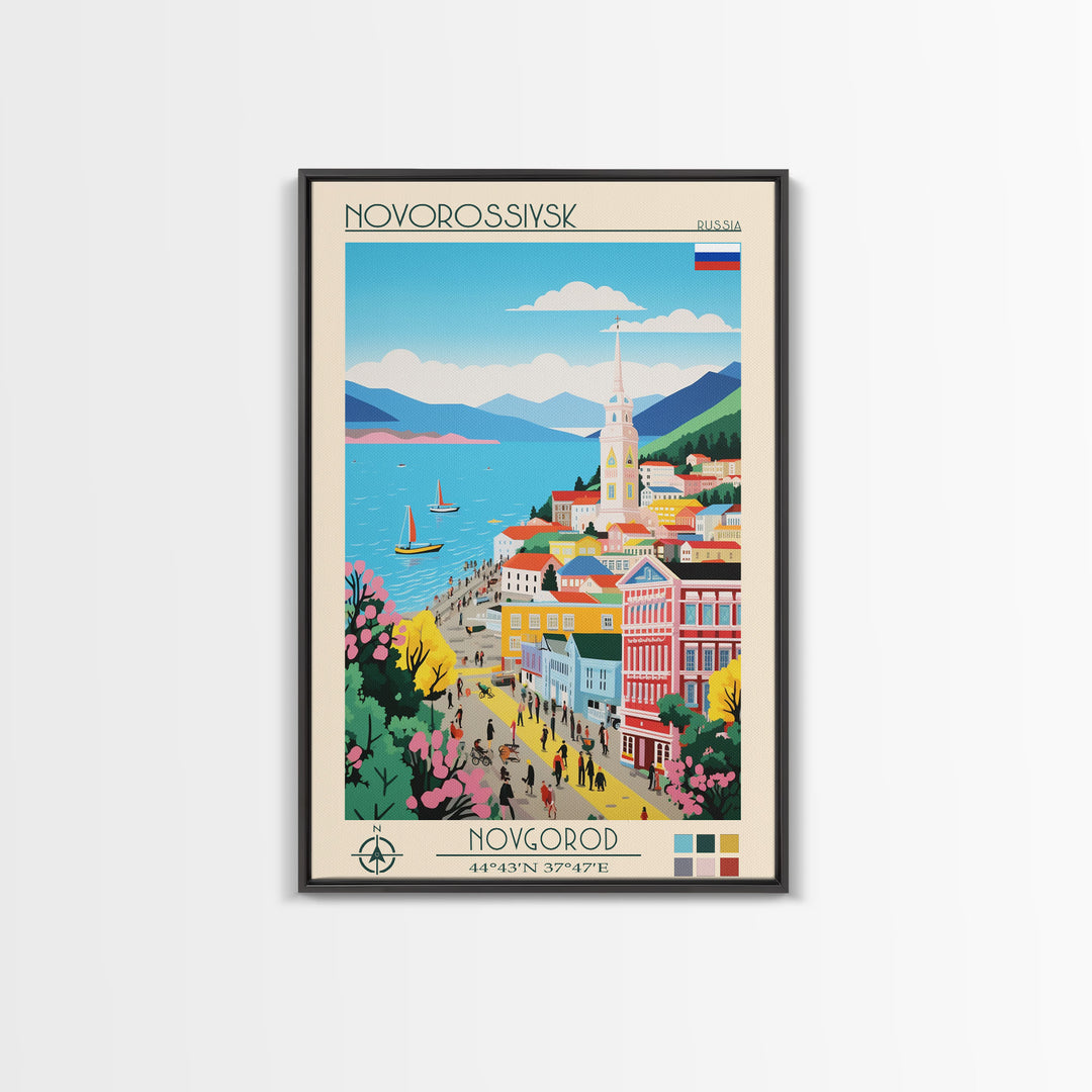 Novorossiysk Russia Travel Poster Framed Canvas Print, Midcentury Modern Art, Pop Art Wall Decor, Scenic Bedroom Art, Office Decoration