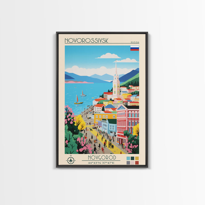 Novorossiysk Russia Travel Poster Framed Canvas Print, Midcentury Modern Art, Pop Art Wall Decor, Scenic Bedroom Art, Office Decoration