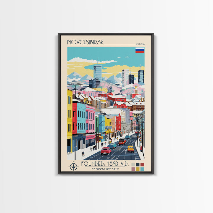 Novosibirsk Russia Travel Poster Framed Canvas Print, Midcentury Modern Art, Pop Art Wall Decor, Scenic Living Room Art, Bedroom Decor