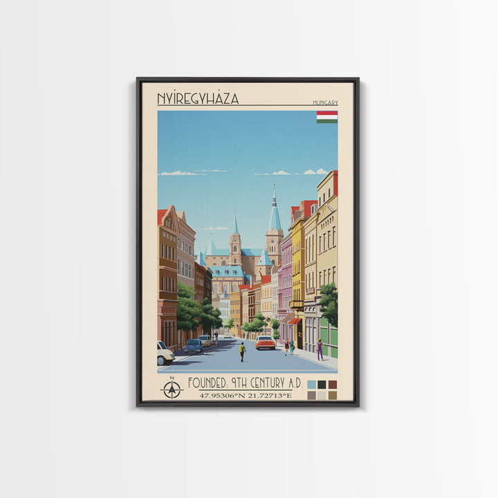Nyíregyháza Hungary Travel Poster Framed Canvas Print, Midcentury Modern Art, Pop Art Wall Decor, Home Decor, Vacation Gift, Office Art