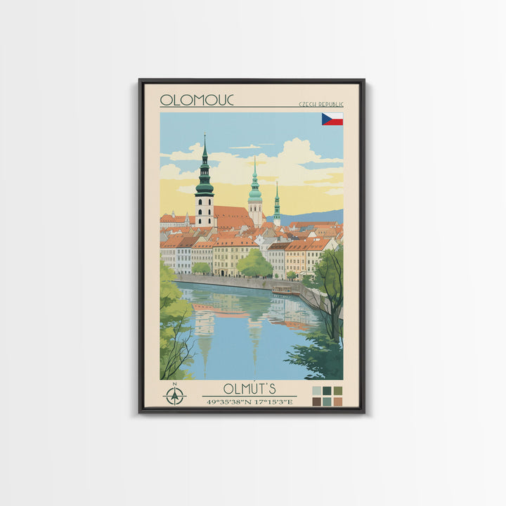 Olomouc Czech Republic Travel Poster Framed Canvas Print, Midcentury Modern Art, Pop Art Wall Decor, Scenic Wall Art, Living Room Decoration, Office Gift