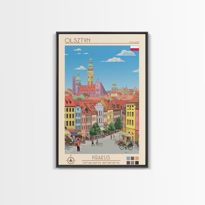 Olsztyn Poland Travel Poster Framed Canvas Print, Midcentury Modern Art, Pop Art Wall Decor, Scenic Wall Art, Bedroom Decoration
