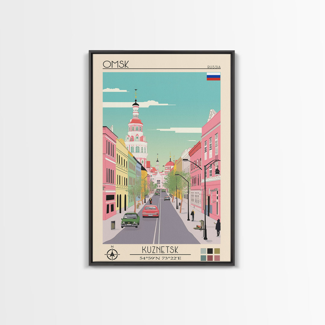Omsk Russia Travel Poster Framed Canvas Print, Midcentury Modern Art, Pop Art Wall Decor, Scenic Wall Art, Living Room Decoration, Office Art