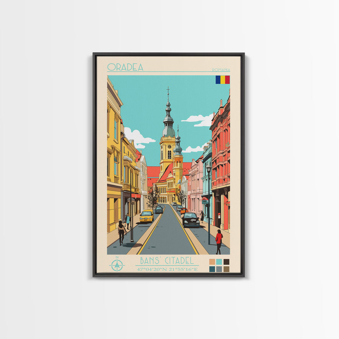 Oradea Romania Travel Poster Framed Canvas Print, Midcentury Modern Art, Pop Art Wall Decor, Scenic Bedroom Art, Office Decoration