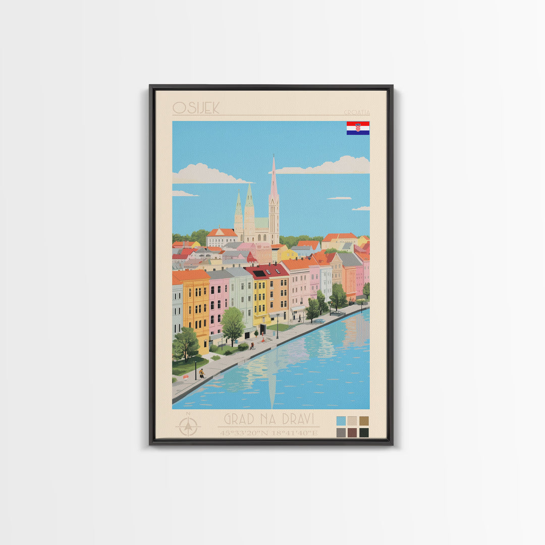 Osijek Croatia Travel Poster Framed Canvas Print, Midcentury Modern Art, Pop Art Wall Decor, Home Decor, Vacation Gift, Office Art