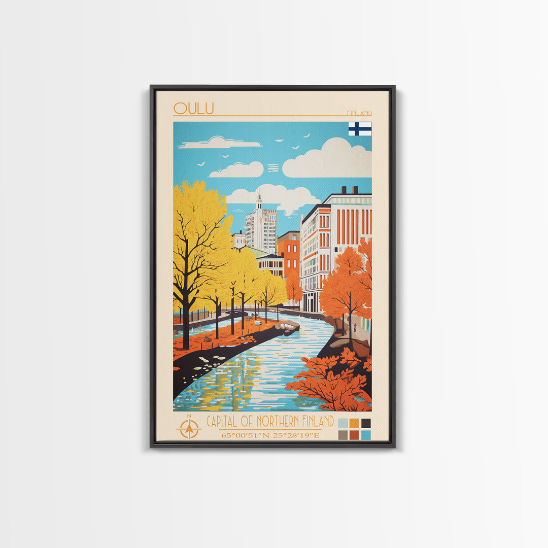 Oulu Finland Travel Poster Framed Canvas Print, Midcentury Modern Art, Pop Art Wall Decor, Scenic Wall Art, Living Room Decoration, Office Gift