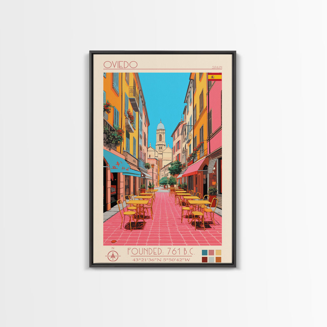 Oviedo Spain Travel Poster Framed Canvas Print, Midcentury Modern Art, Pop Art Wall Decor, Scenic Wall Art, Bedroom Decoration