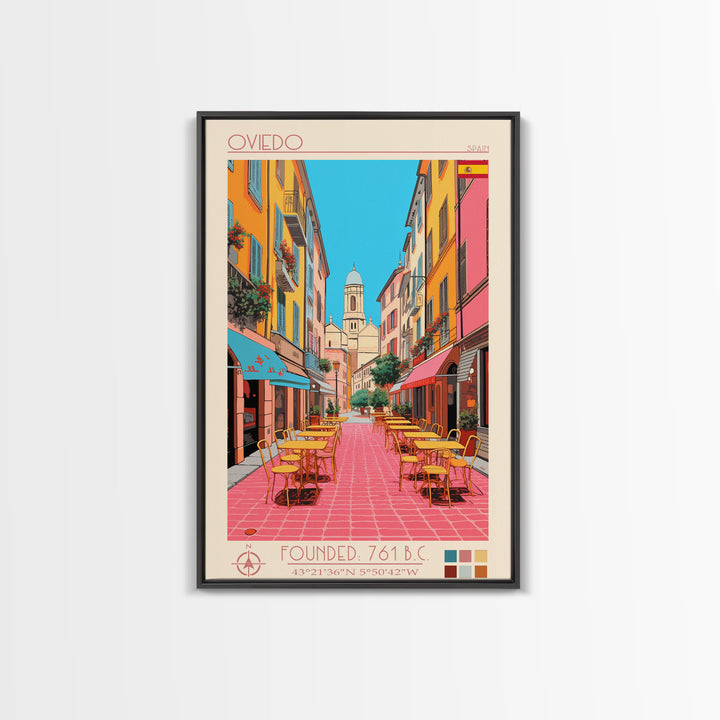Oviedo Spain Travel Poster Framed Canvas Print, Midcentury Modern Art, Pop Art Wall Decor, Scenic Wall Art, Bedroom Decoration