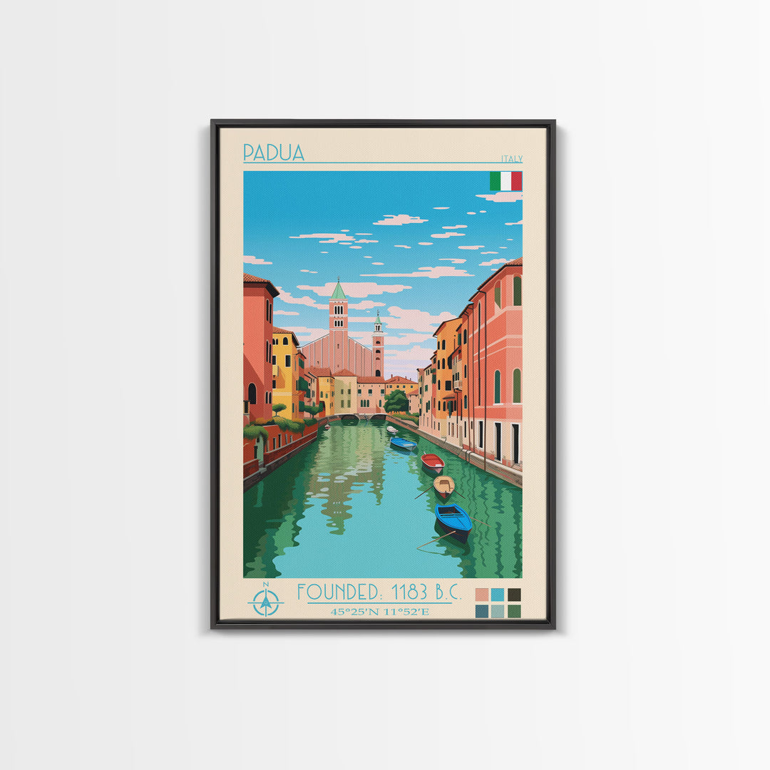 Padua Italy Travel Poster Framed Canvas Print, Midcentury Modern Art, Pop Art Wall Decor, Scenic Bedroom Art, Office Decoration