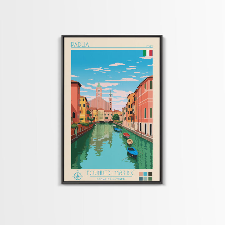 Padua Italy Travel Poster Framed Canvas Print, Midcentury Modern Art, Pop Art Wall Decor, Scenic Bedroom Art, Office Decoration