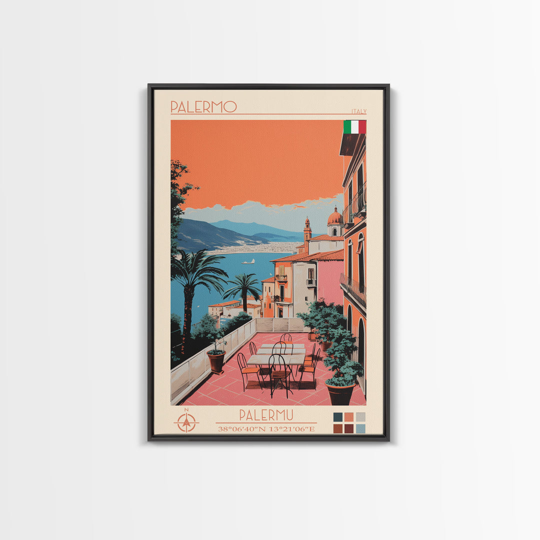 Palermo Italy Travel Poster Framed Canvas Print, Midcentury Modern Art, Pop Art Wall Decor, Scenic Living Room Art, Bedroom Decor