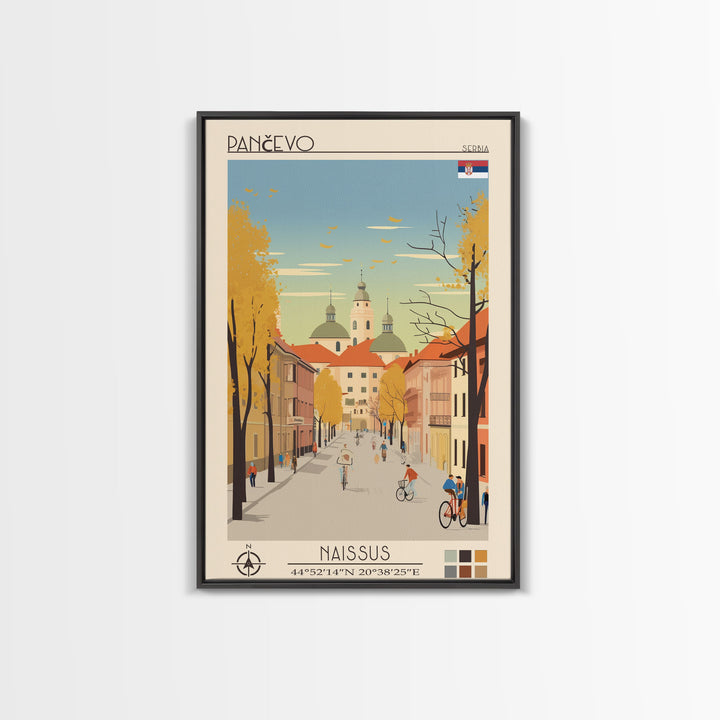 Pančevo Serbia Travel Poster Framed Canvas Print, Midcentury Modern Art, Pop Art Wall Decor, Scenic Wall Art, Living Room Decoration, Office Art