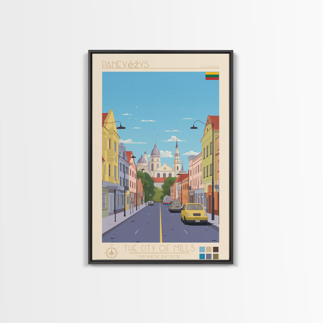 Panevėžys Lithuania Travel Poster Framed Canvas Print, Midcentury Modern Art, Pop Art Wall Decor, Scenic Living Room Art, Bedroom Gift
