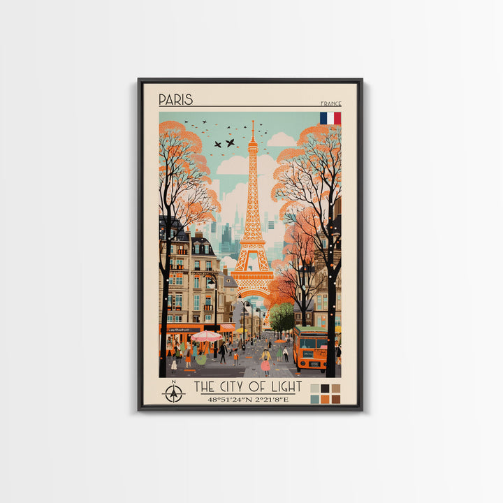 Paris France Travel Poster Framed Canvas Print, Midcentury Modern Art, Pop Art Wall Decor, Scenic Wall Art, Living Room Decoration, Office Gift