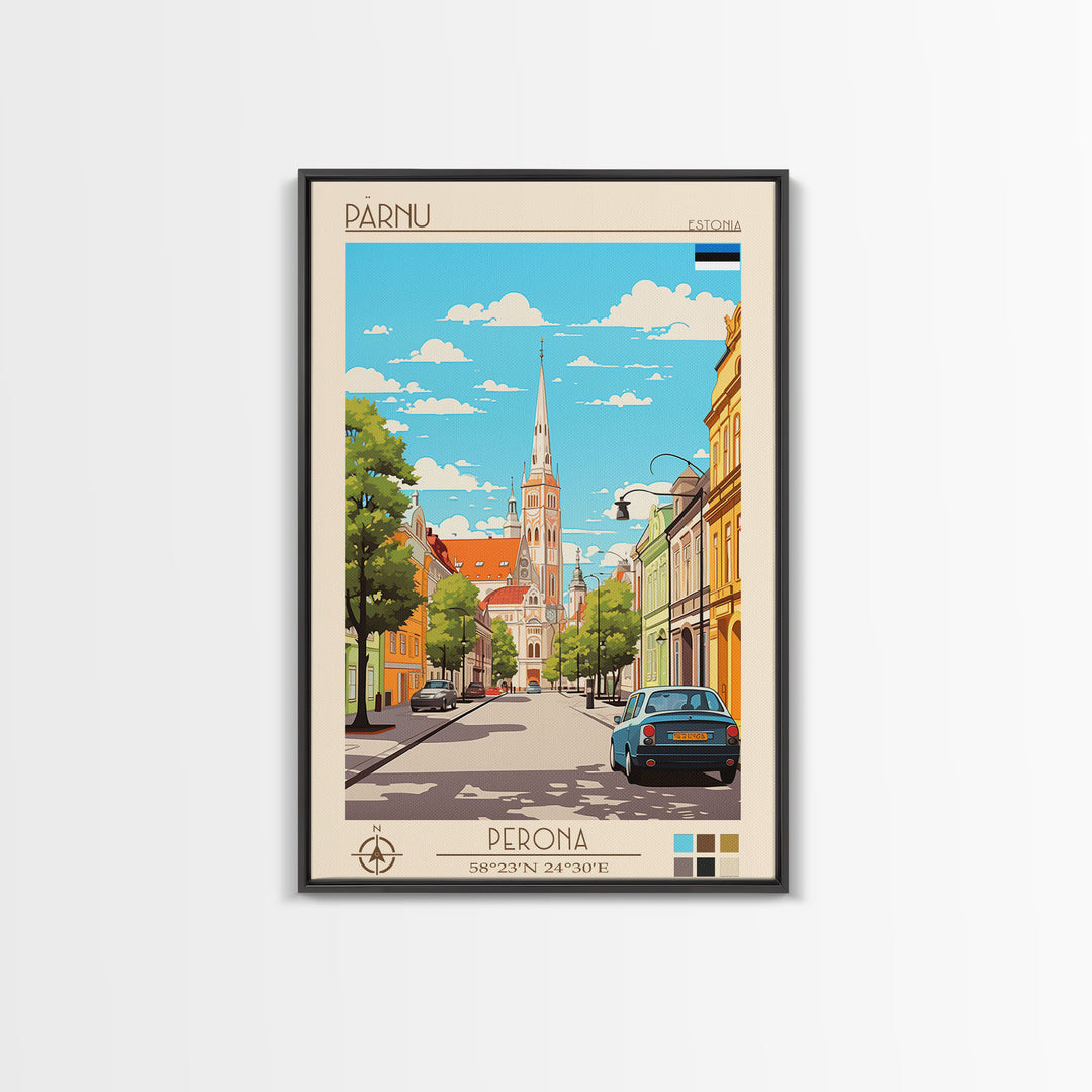 Pärnu Estonia Travel Poster Framed Canvas Print, Midcentury Modern Art, Pop Art Wall Decor, Scenic Wall Art, Bedroom Decoration