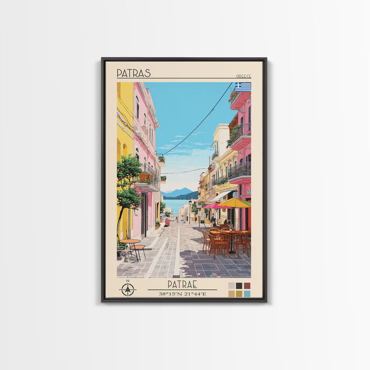 Patras Greece Travel Poster Framed Canvas Print, Midcentury Modern Art, Pop Art Wall Decor, Scenic Wall Art, Living Room Decoration, Office Art
