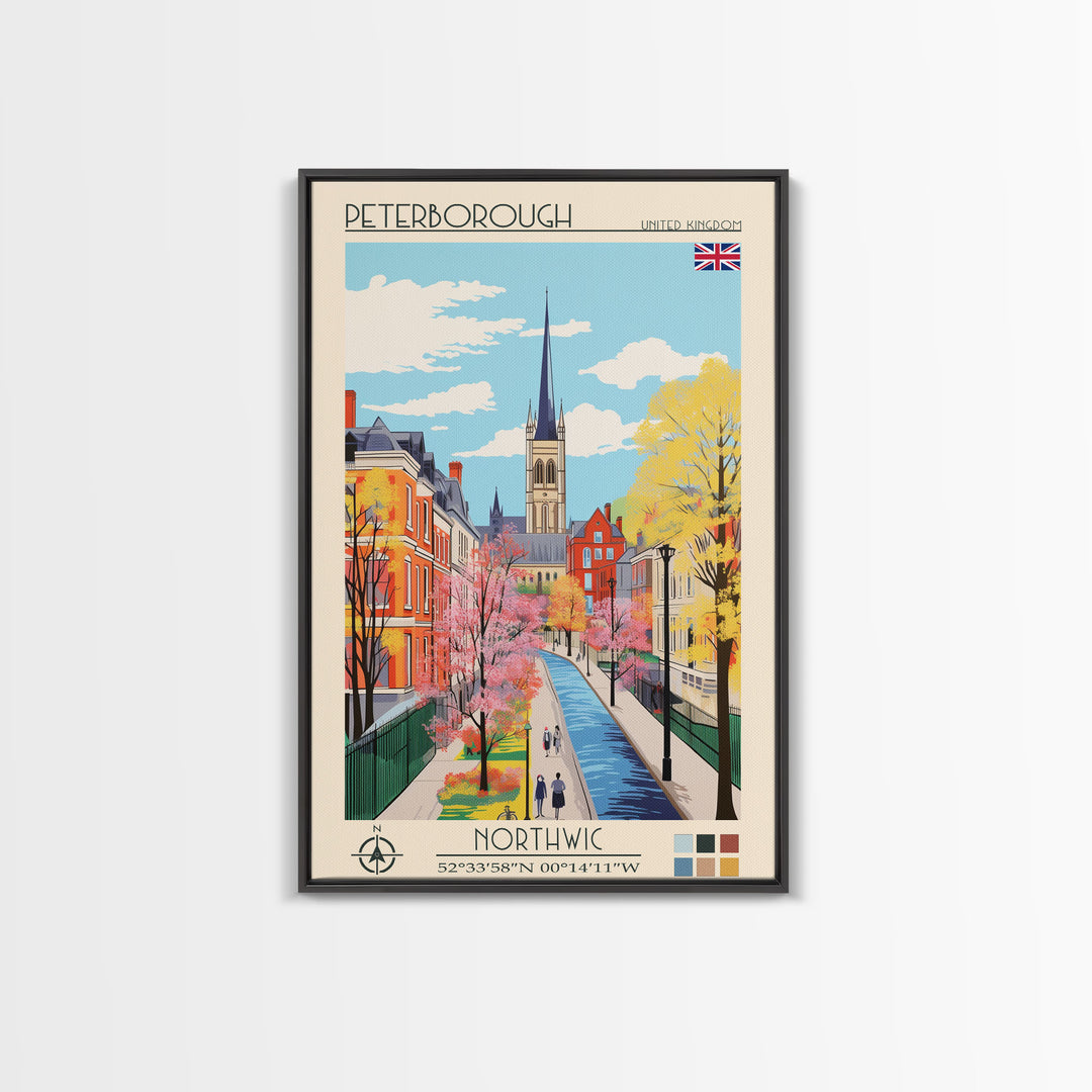 Peterborough United Kingdom Travel Poster Framed Canvas Print, Midcentury Modern Art, Pop Art Wall Decor, Home Decor, Vacation Gift, Office Art