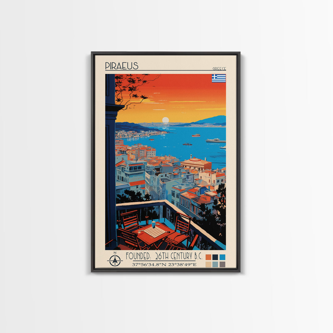 Piraeus Greece Travel Poster Framed Canvas Print, Midcentury Modern Art, Pop Art Wall Decor, Scenic Wall Art, Living Room Decoration, Office Art