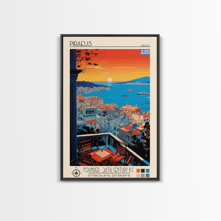 Piraeus Greece Travel Poster Framed Canvas Print, Midcentury Modern Art, Pop Art Wall Decor, Scenic Wall Art, Living Room Decoration, Office Art