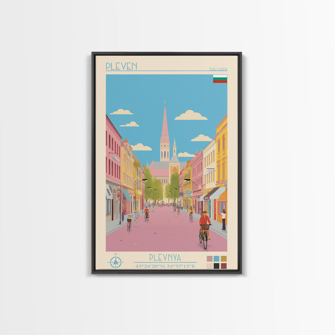 Pleven Bulgaria Travel Poster Framed Canvas Print, Midcentury Modern Art, Pop Art Wall Decor, Scenic Wall Art, Living Room Decoration, Office Gift