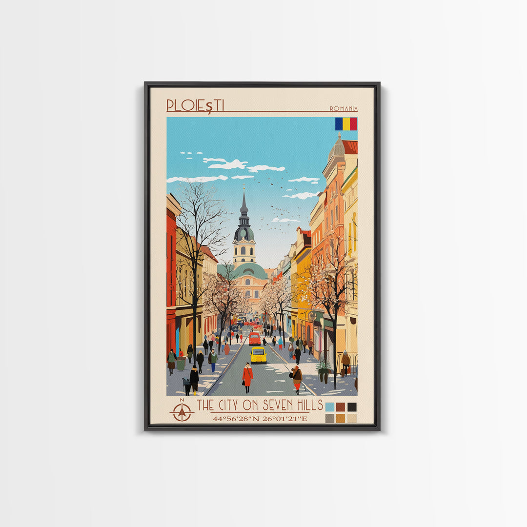 Ploiești Romania Travel Poster Framed Canvas Print, Midcentury Modern Art, Pop Art Wall Decor, Scenic Wall Art, Bedroom Decoration