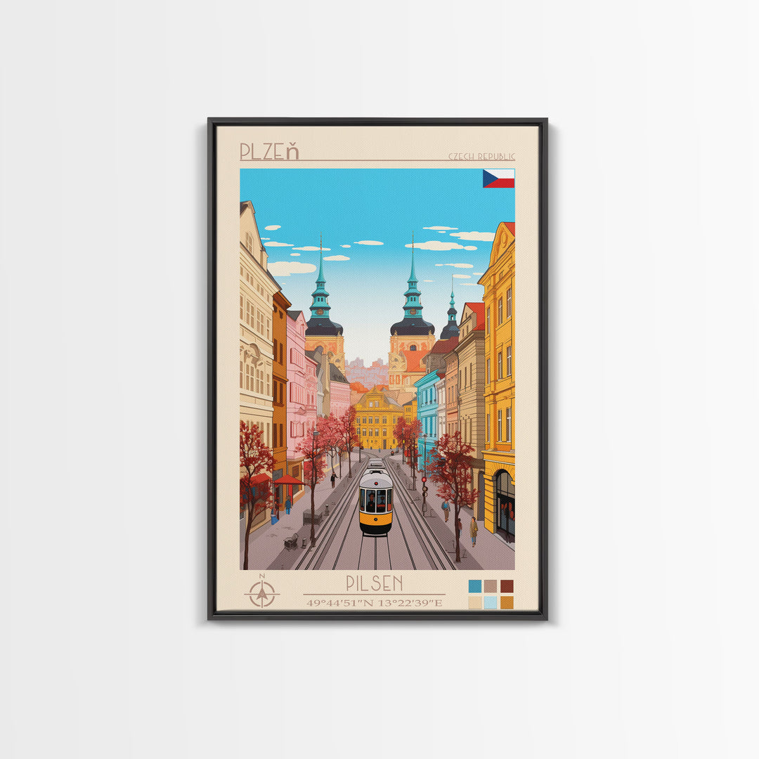 Plzeň Czech Republic Travel Poster Framed Canvas Print, Midcentury Modern Art, Pop Art Wall Decor, Scenic Living Room Art, Bedroom Decor