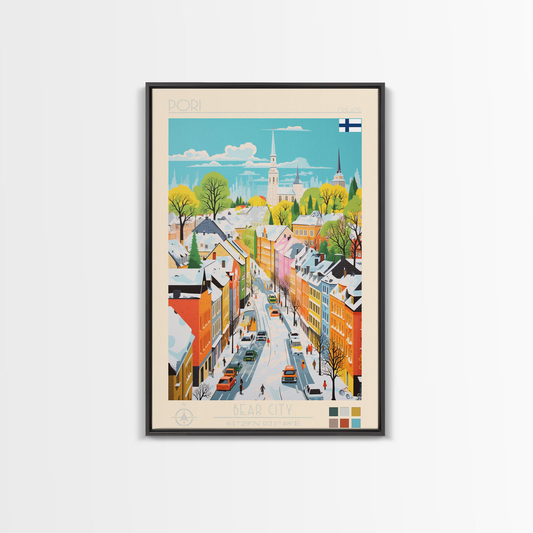 Pori Finland Travel Poster Framed Canvas Print, Midcentury Modern Art, Pop Art Wall Decor, Home Decor, Vacation Gift, Bedroom Art