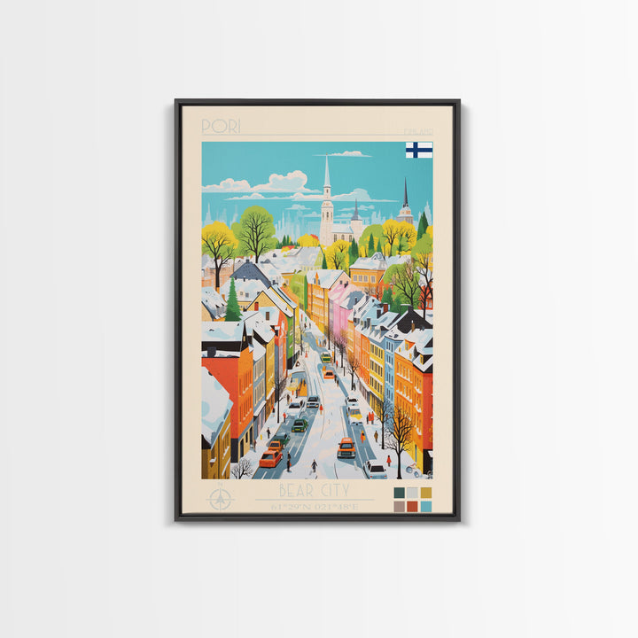 Pori Finland Travel Poster Framed Canvas Print, Midcentury Modern Art, Pop Art Wall Decor, Home Decor, Vacation Gift, Bedroom Art
