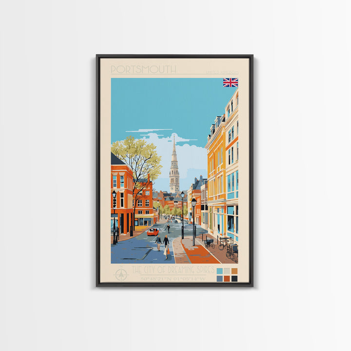 Portsmouth United Kingdom Travel Poster Framed Canvas Print, Midcentury Modern Art, Pop Art Wall Decor, Scenic Wall Art, Bedroom Decoration