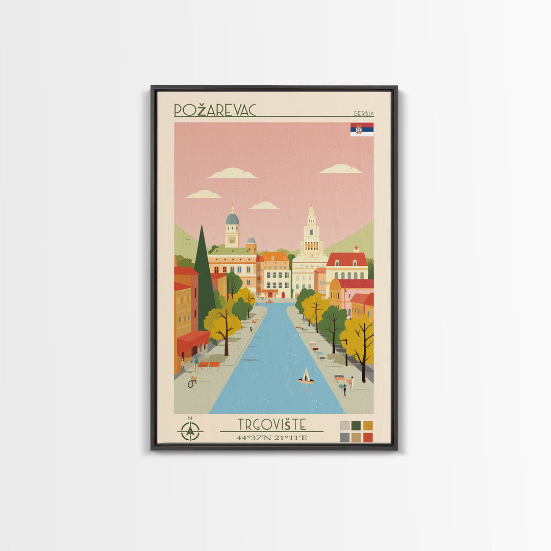 Požarevac Serbia Travel Poster Framed Canvas Print, Midcentury Modern Art, Pop Art Wall Decor, Scenic Living Room Art, Bedroom Decor