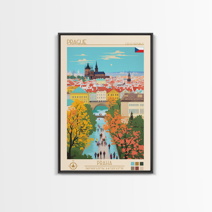 Prague Czech Republic Travel Poster Framed Canvas Print, Vintage Style, Pop Art Home Decor, Scenic Wall Art, Bedroom Decoration, Office Gift