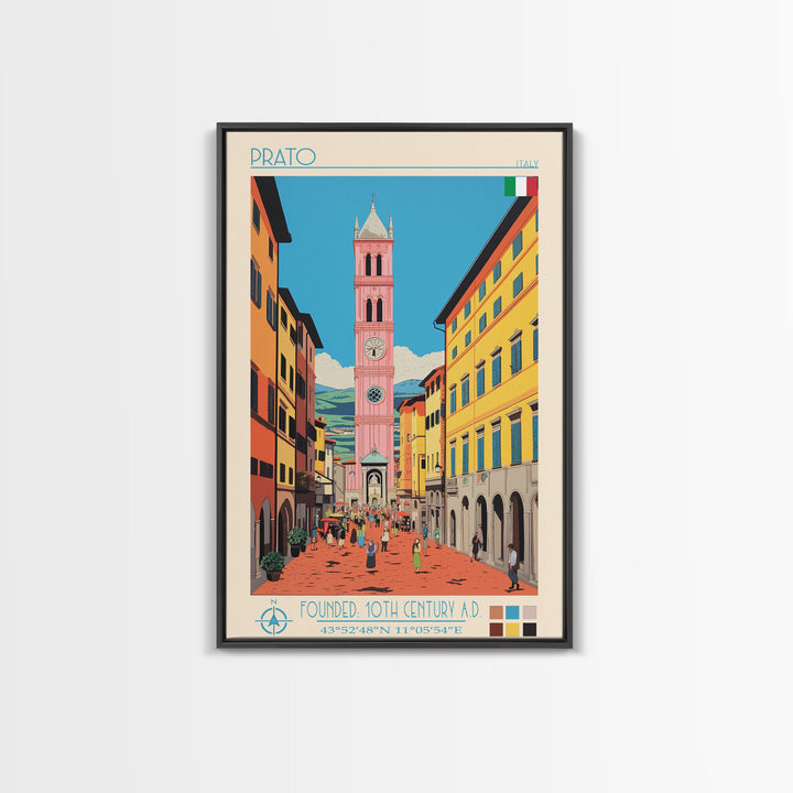 Prato Italy Travel Poster Framed Canvas Print, Midcentury Modern Art, Pop Art Wall Decor, Home Decor, Vacation Gift, Office Art