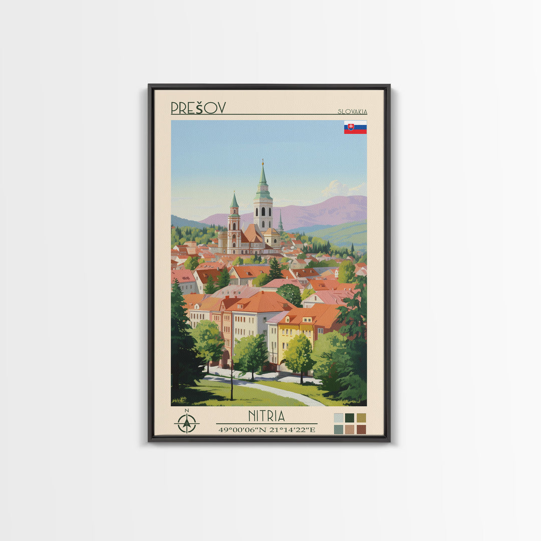 Prešov Slovakia Travel Poster Framed Canvas Print, Midcentury Modern Art, Pop Art Wall Decor, Scenic Living Room Art, Bedroom Gift