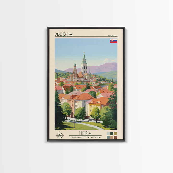 Prešov Slovakia Travel Poster Framed Canvas Print, Midcentury Modern Art, Pop Art Wall Decor, Scenic Living Room Art, Bedroom Gift