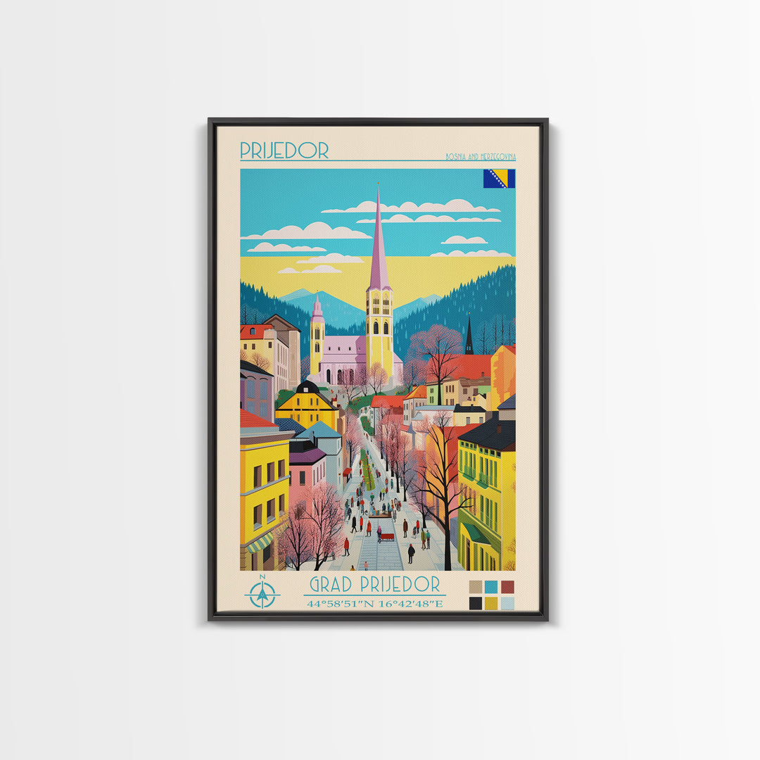 Prijedor Bosnia and Herzegovina Travel Poster Framed Canvas Print, Midcentury Modern Art, Pop Art Wall Decor, Home Decor, Vacation Gift, Bedroom Art
