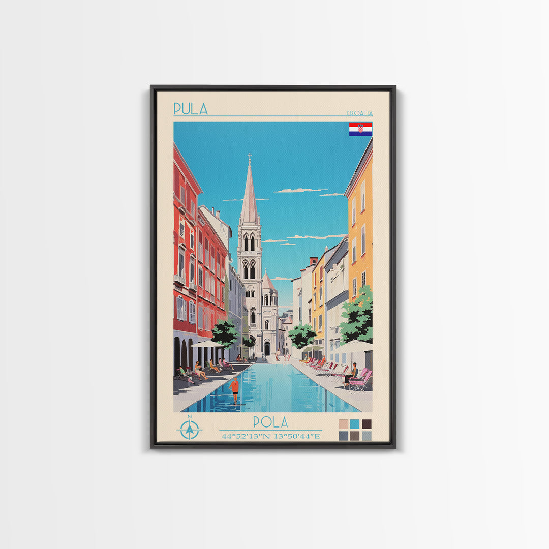 Pula Croatia Travel Poster Framed Canvas Print, Midcentury Modern Art, Pop Art Wall Decor, Scenic Wall Art, Living Room Decoration, Office Gift