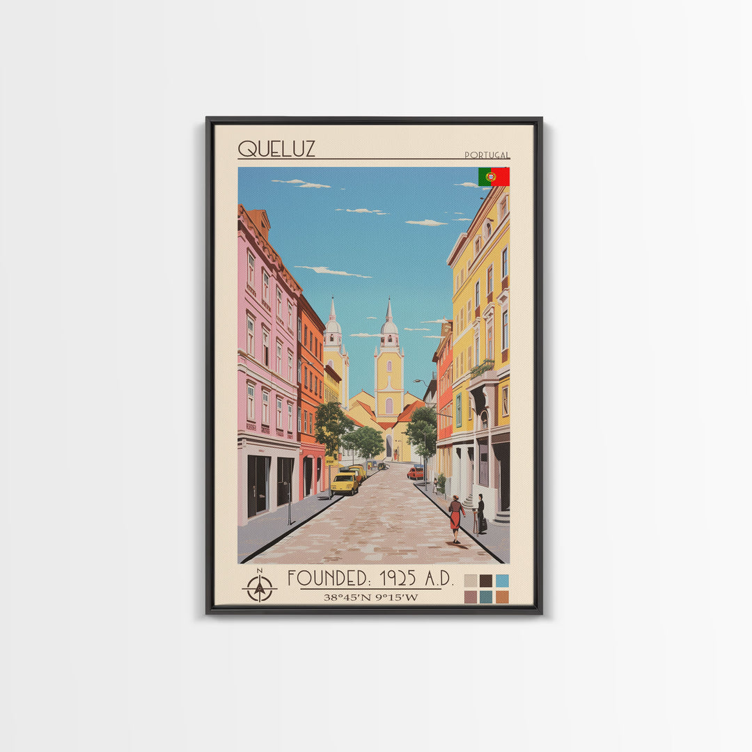 Queluz Portugal Travel Poster Framed Canvas Print, Midcentury Modern Art, Pop Art Wall Decor, Scenic Bedroom Art, Office Decoration
