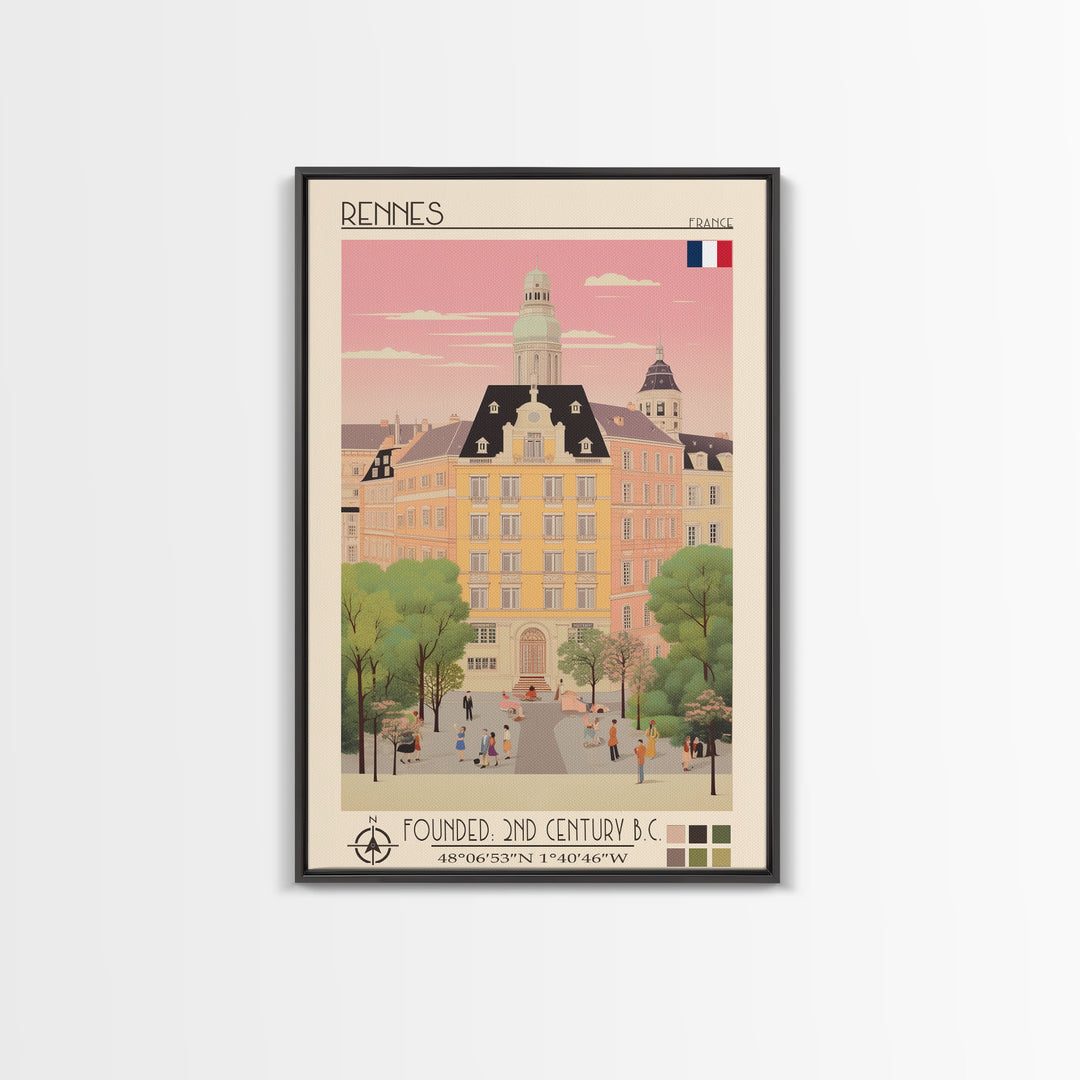 Rennes France Travel Poster Framed Canvas Print, Midcentury Modern Art, Pop Art Wall Decor, Scenic Wall Art, Living Room Decoration, Office Gift
