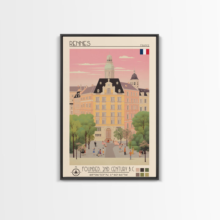 Rennes France Travel Poster Framed Canvas Print, Midcentury Modern Art, Pop Art Wall Decor, Scenic Wall Art, Living Room Decoration, Office Gift