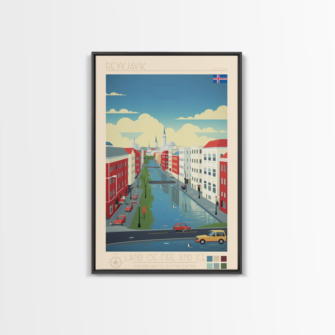 Reykjavik Iceland Travel Poster Framed Canvas Print, Midcentury Modern Art, Pop Art Wall Decor, Scenic Wall Art, Bedroom Decoration
