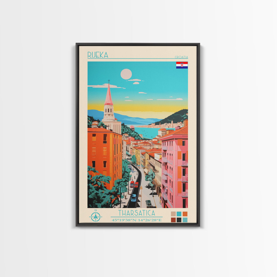 Rijeka Croatia Travel Poster Framed Canvas Print, Midcentury Modern Art, Pop Art Wall Decor, Scenic Wall Art, Living Room Decoration, Office Art