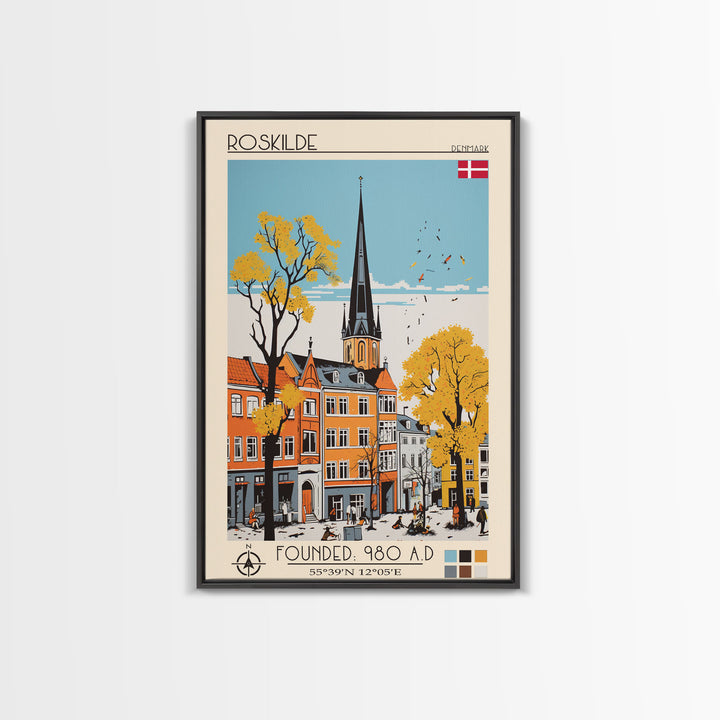 Roskilde Denmark Travel Poster Framed Canvas Print, Midcentury Modern Art, Pop Art Wall Decor, Scenic Living Room Art, Bedroom Gift